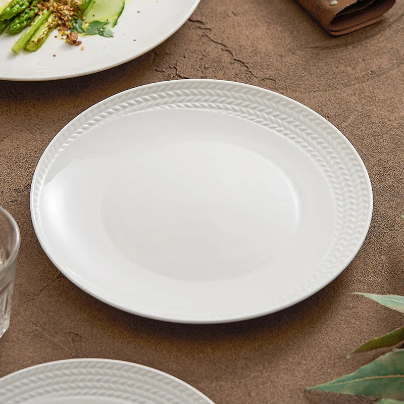 Wholesale Luxury White Ceramic Dinner Plate with Wheat Design Eco-Friendly Wedding Charger Plates for Dining Decorations