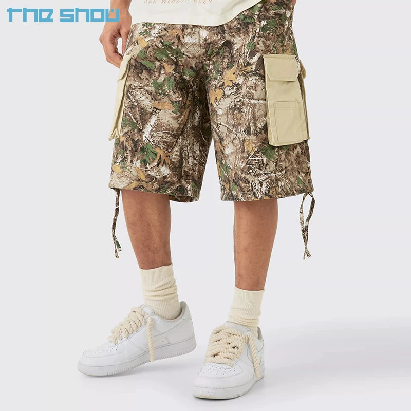 Custom Summer Baggy Real Tree Digital Print Contrast Panel Forest Camo Camouflage Work Pants Cavas Twill  Cargo Shorts Men