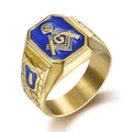 Duyizhao New Vintage Titanium Steel Ring Stainless Steel Gold Plated Blue Paint Masonic Ag Men Ring Jewelry