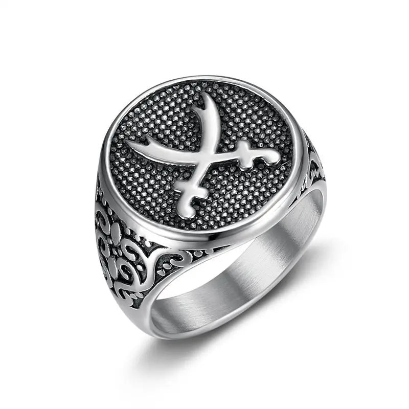 Middle East Retro Punk Style Jewelry Titanium Steel Polishing Arabic Double Knife Stainless Steel Men's Ring