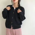Women's Pure Black Cardigan Sweater Soft O-Neck with Gold Buttons Fashionable Casual College Jacket for Winter Wholesale