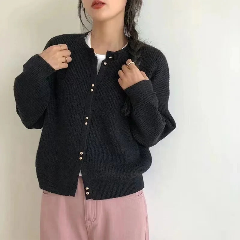 Women's Pure Black Cardigan Sweater Soft O-Neck with Gold Buttons Fashionable Casual College Jacket for Winter Wholesale