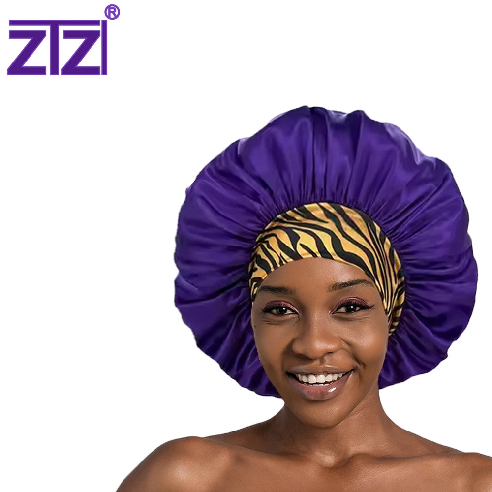 ZTZI Custom Logo Printed Zebra-print Stretch Wide HemSoft Hair Bonnet Satin Night Sleep Bonnet