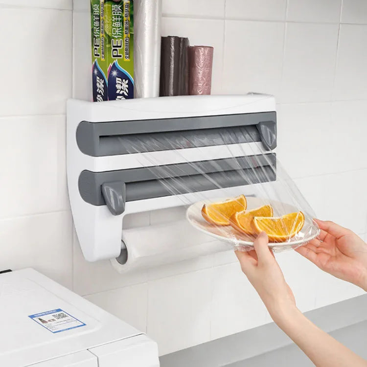 Wall-Mounted Paper Towel Rack Cling Film Cutting Multifunctional Sauce Bottle Rack Tin Foil Cutter Storage Rack Organizer