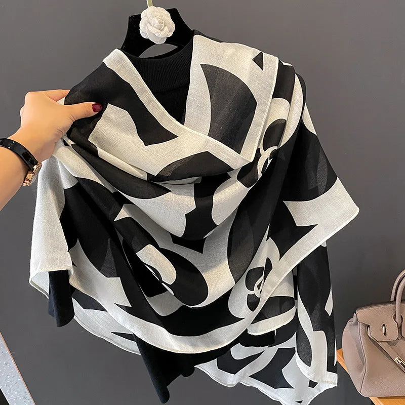 Manufacturer Ladies Luxury Designer Viscose Cotton Printed Shawls for Women Head Scarf Black and White Flower Cotton Scarfs