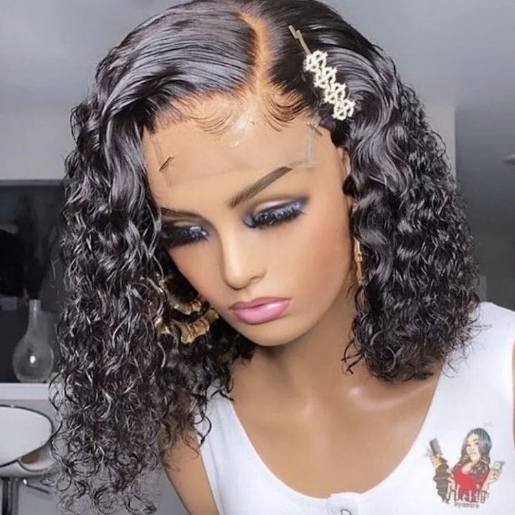 Natural Color Transparent Glueless for Lace Front Wig 100% Raw Indian Human Hair Curly Short Wig with 150% Density