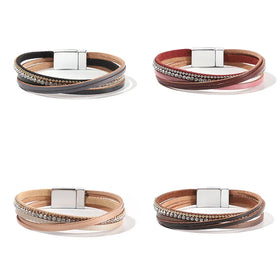 Leather Bracelet Polymer Clay Multi-layer Hand-woven Leather Bracelet Women's Magnetic Buckle Bracelet