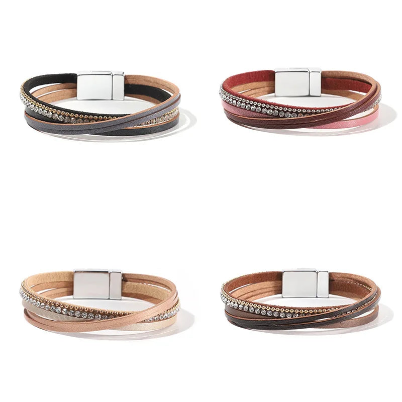 Leather Bracelet Polymer Clay Multi-layer Hand-woven Leather Bracelet Women's Magnetic Buckle Bracelet