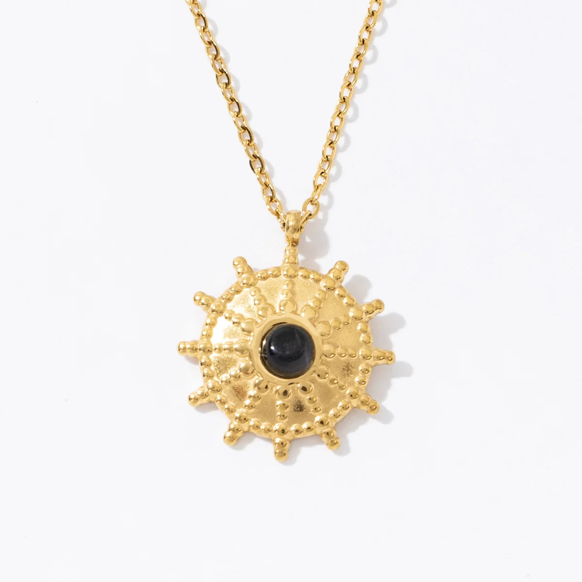 Vintage Natural Stone Gold Plated Stainless Steel Sun Shape Disc Pendant Low MOQ Necklace for Gift