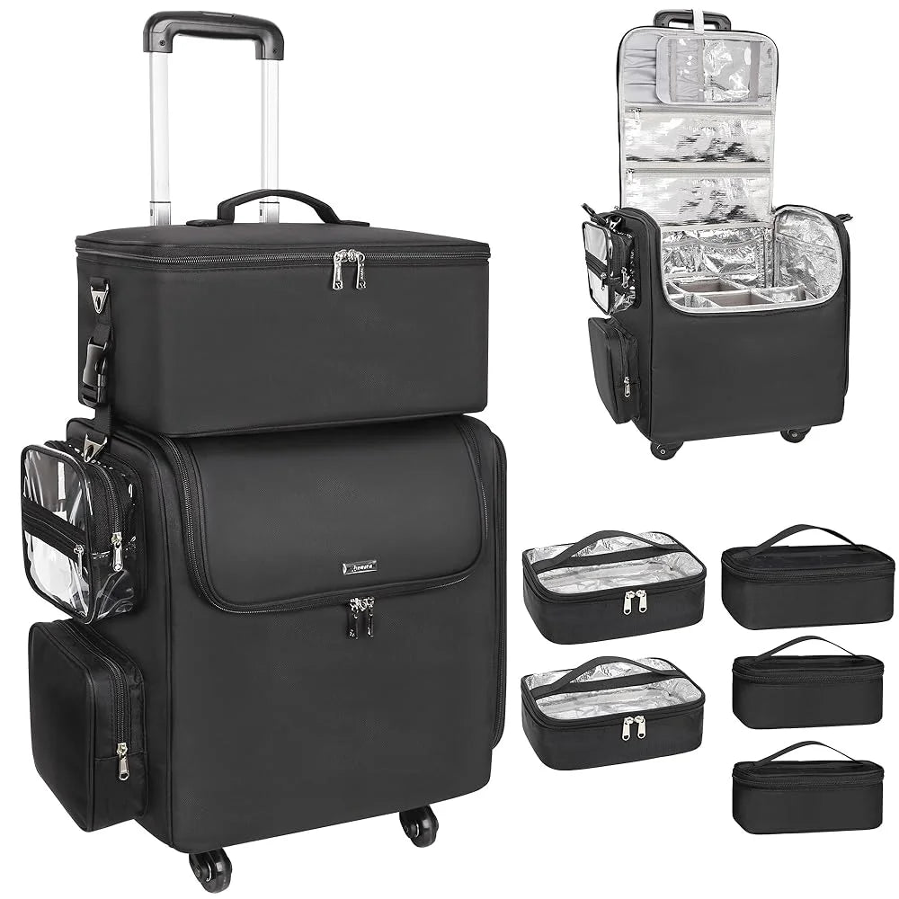 Relavel Hair Tool Hairstylist Traveling Bags with 5 Small Clear Bag Rolling Makeup Train Case with Large Makeup Trolley Suitcase