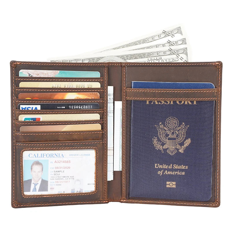 TIIDNG Custom Logo Bifold Wallet for Men Vintage Genuine Cowhide Crazy Horse Leather with RFID Blocking Travel Passport Holder