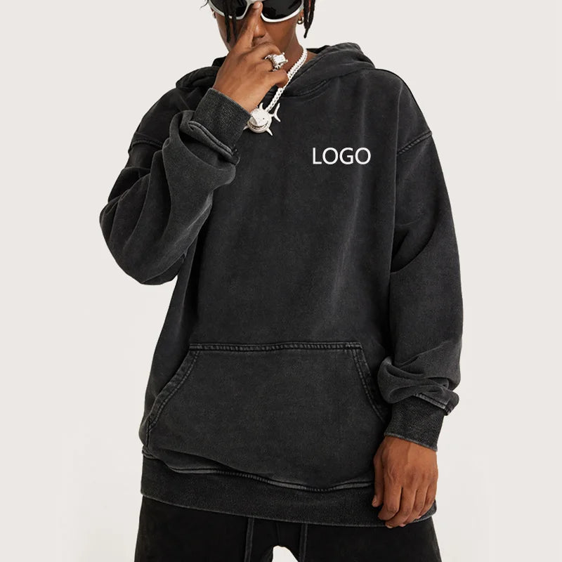 Custom Logo Cotton Stringless Heavyweight Vintage Hoodie With Pocket Fleece Lined Oversized Blank Acid Wash Hoodie Men