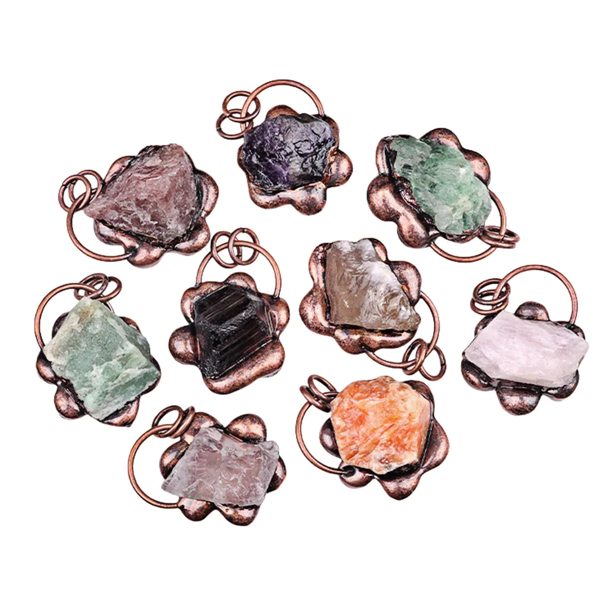 Hot Sale Vintage Copper Sunflower Shaped Irregular Stone Pendant Multi-Color Agate Stone Pendant for Necklace Making As Gift