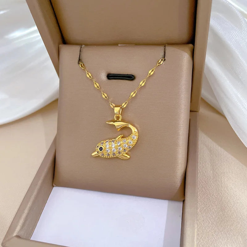 Light Luxury Titanium Steel Full Diamond Dolphin Animal Zircon Pendant Necklace Choker for Women Stainless Steel Jewelry Charm