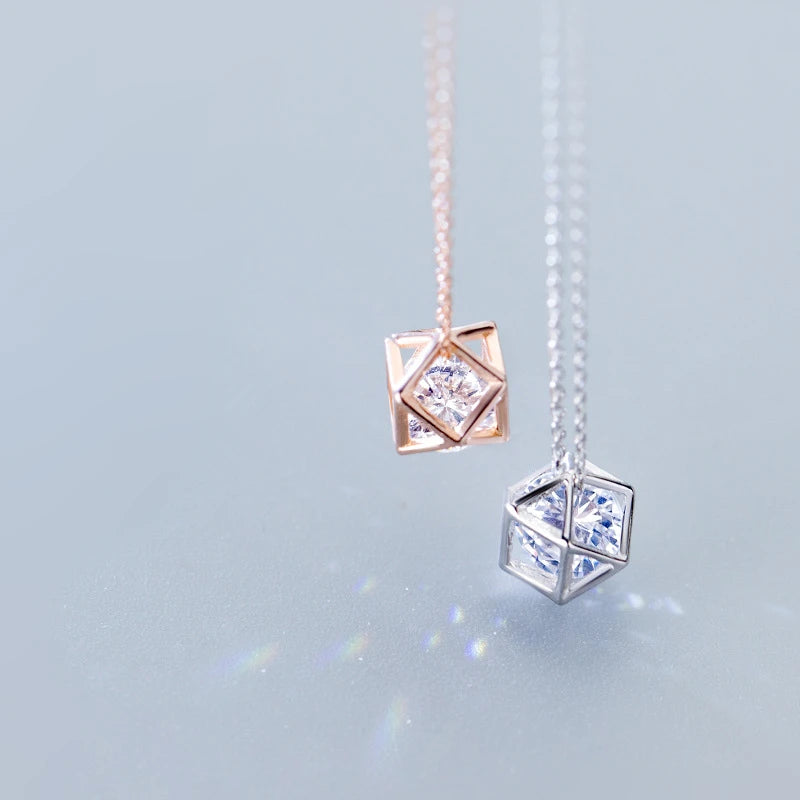 Geometric Pendant with Cubic Zirconia 925 Sterling Silver Statement Rose Gold Plated Chain Necklaces Fashion Jewelry for Women