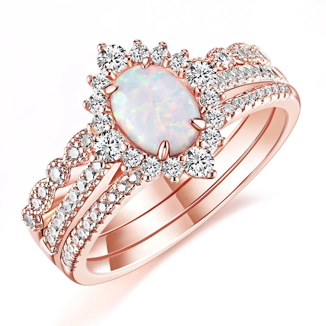 OAHLAN 3Pcs Rose Gold Plated Stackable Oval Eternity Band Bridal Sets Copper Rings with ZIRCON Wedding Band for Women