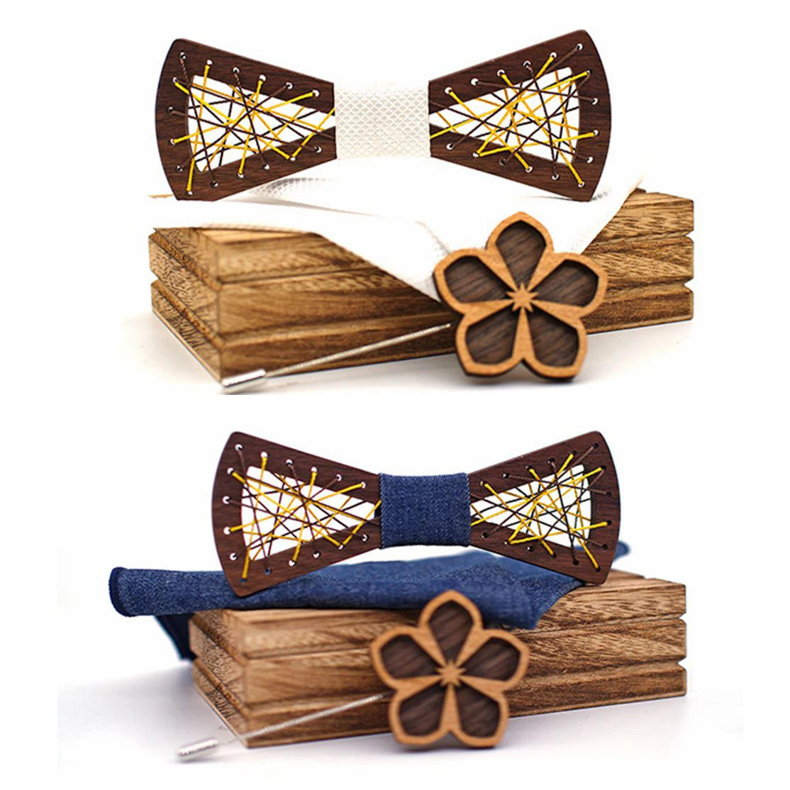 New Design Wooden Bowtie Sets Brooch Pins Luxury Wooden Bow Ties Wood Set Gift for Wedding Party