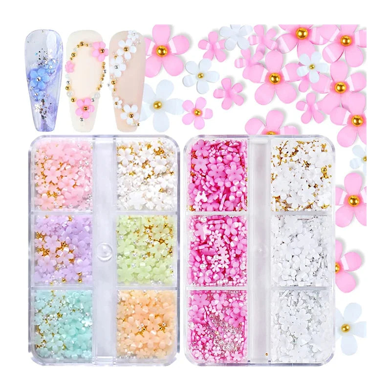 3D Flower Rhinestones White Pink Mixed Cherry Blossom Spring Acrylic Bead with Pearls Manicurefor DIY Nail Decorations