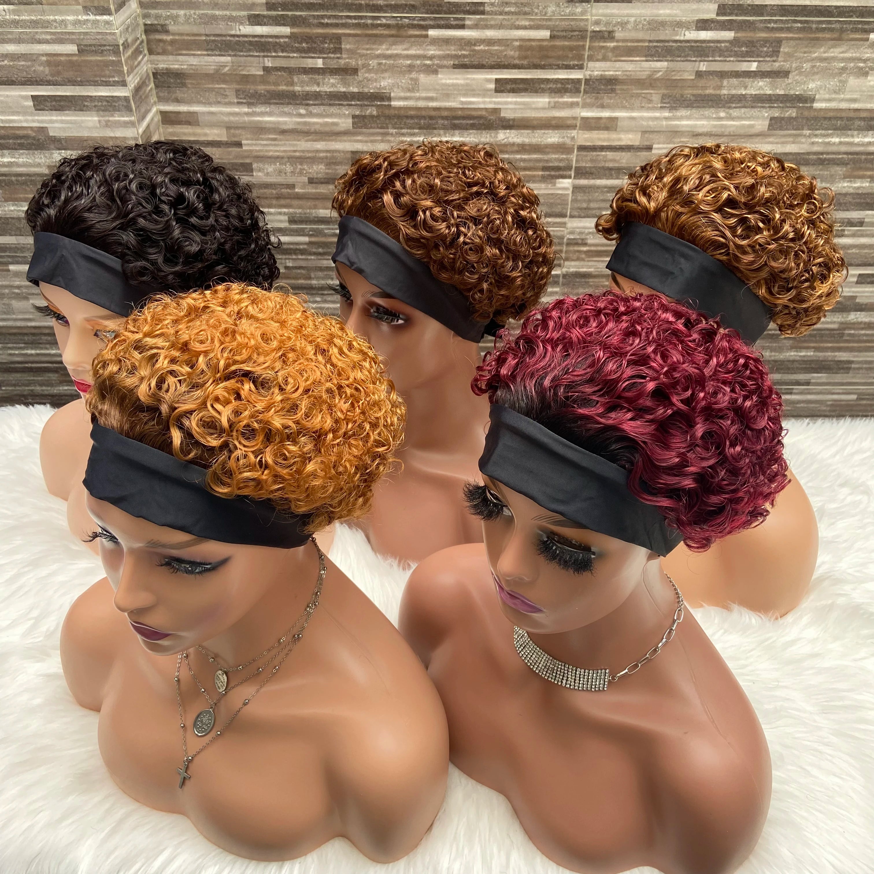Cheap Pixie Curly Wig Natural Brazilian 250% Density COLORS Machine Made Human Hair Wig Ice Silk Hair Band