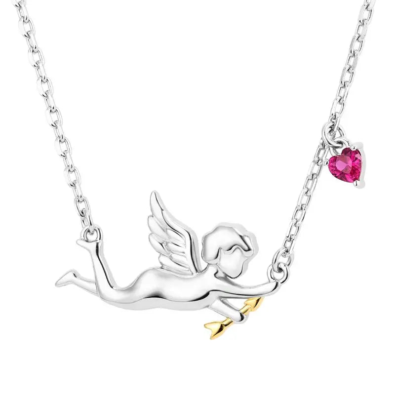 925 Sterling Silver Pendant Angel Jewelry Charms Red Corundum Cz Necklace for Women