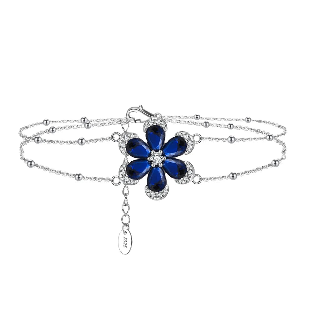 Rinntin LZB03 8A Cubic Zirconia Adjustable Sapphire Flower 925 Silver Bracelet