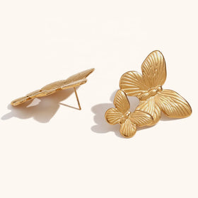 Dingran High Quality Stainless Steel Fashion Tarnish-Free PVD Gold Plated Two Butterflies Stud Earrings Bijoux Acier Inoxydable