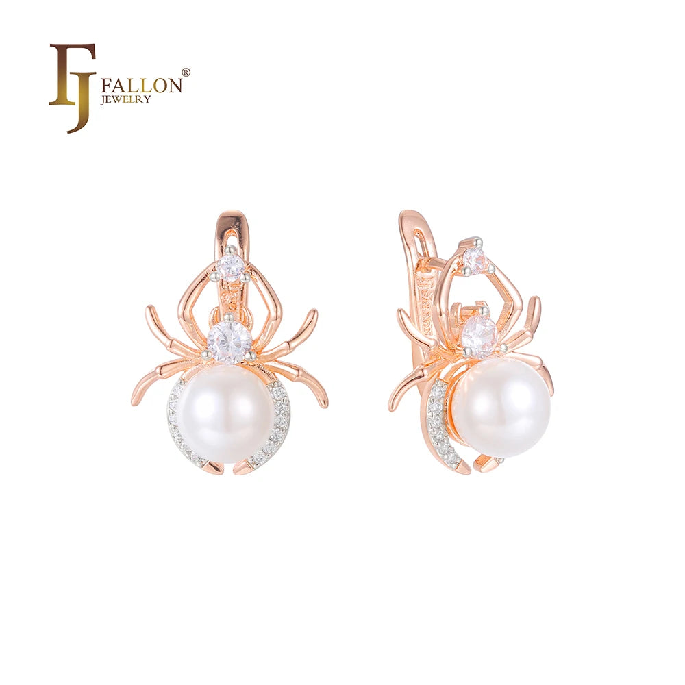 FJ Fallon Fashion Jewelry Spider Pearl Earrings Plated in 585 Rose Gold Two Tone Brass Based