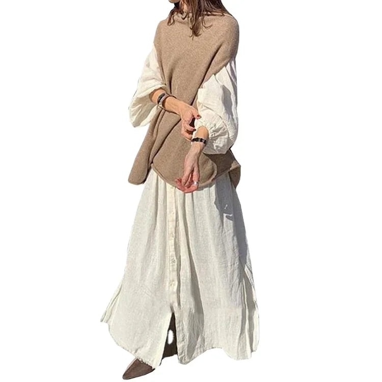 2026 Spring and Summer Temperament commuter Skirt Suit Knitted Vest Cotton Linen Dress Two-piece Plain Dresses Casual Suit