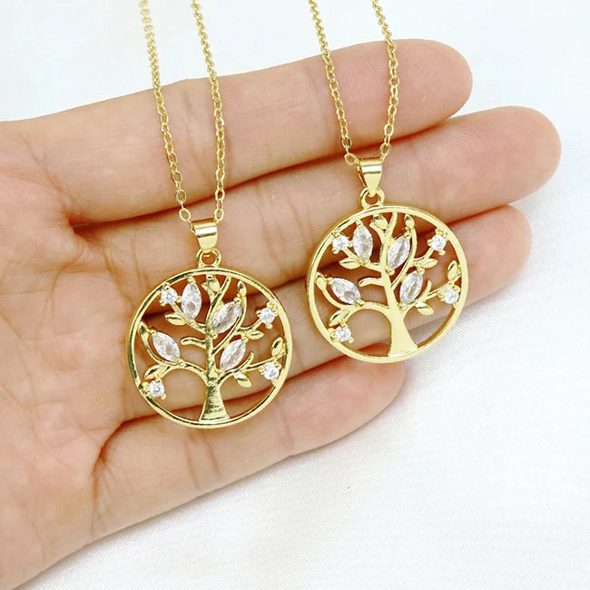 Manufacturer 18k Gold Plated Korean Fashion Inlaid Zircon Tree of Life Pendant Necklace Wholesale