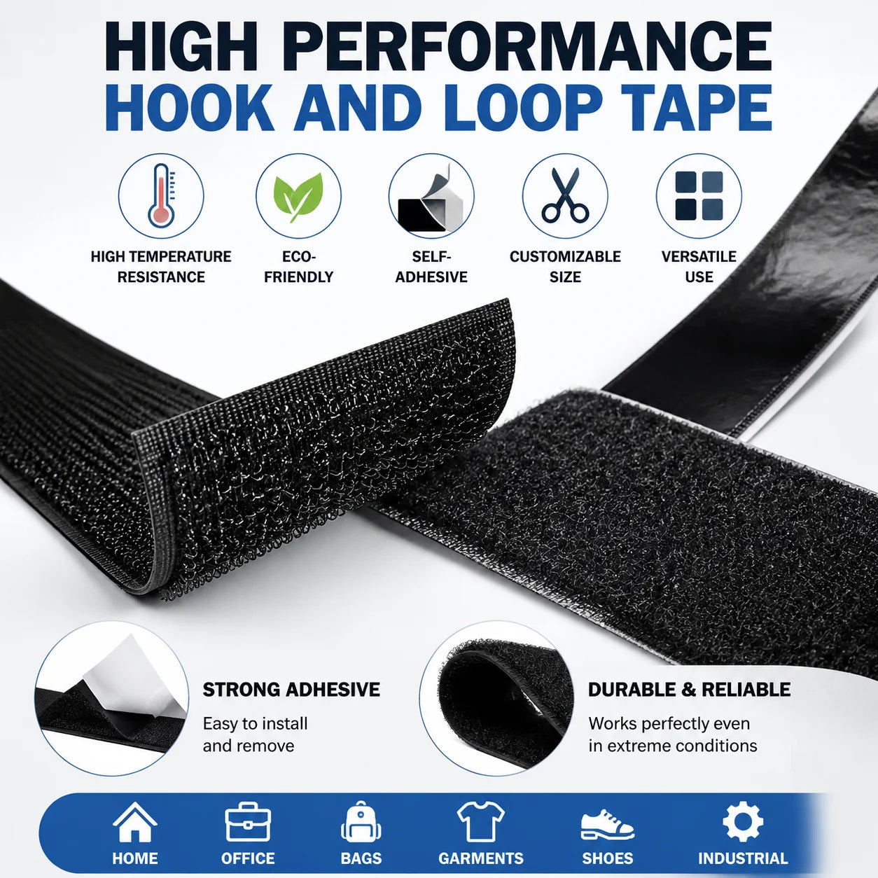 Good Price High Temperature Resistance Eco-Friendly Customizable Self Adhesive Polyester/Nylon Hook and Loop Tape