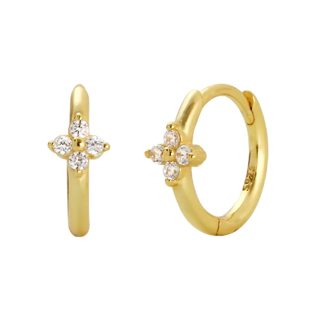 INS Gold Plated Clover Hoop Earrings 925 Sterling Silver Flower Zircon Huggie Earrings for Women