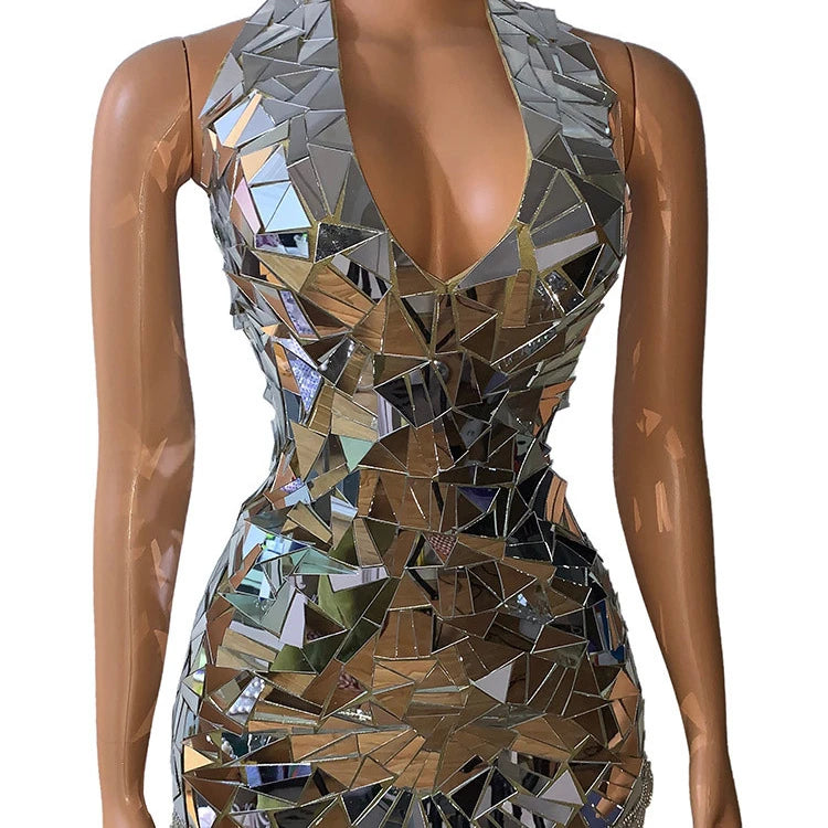 Luxury Sexy Rhinestones Birthday Celebrate Dress Mirror Singer Stage Show Evening Party Prom Sequins Dress