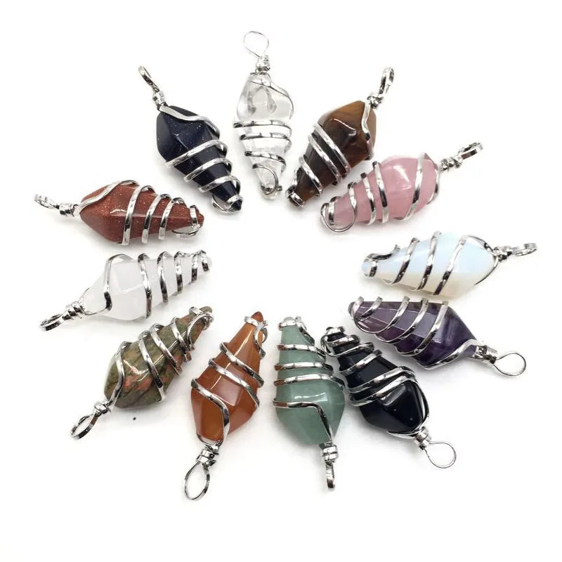 Authentic Stone Crystal Quartz Tigers Eye Stone Agate Hexagonal Pyramid Metal Spiral Pendant Yoga Jewelry Women Natur Pendant