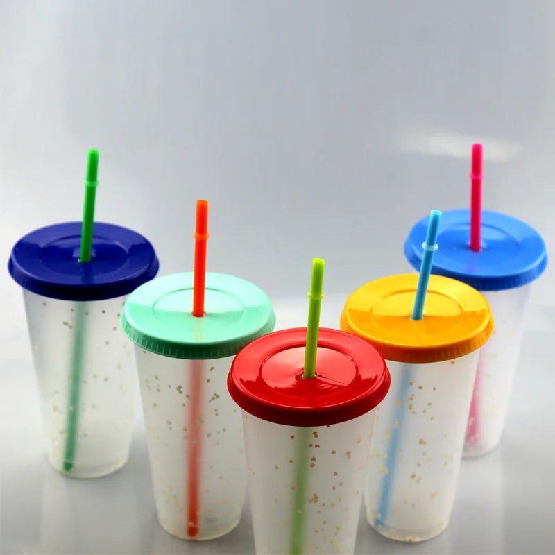 Reusable Acrylic clear Glitter Tumbler Cups Bpa Free Acrylic Coffee Mug 16oz 24oz Plastic Color Changing Confetti Cup With Straw