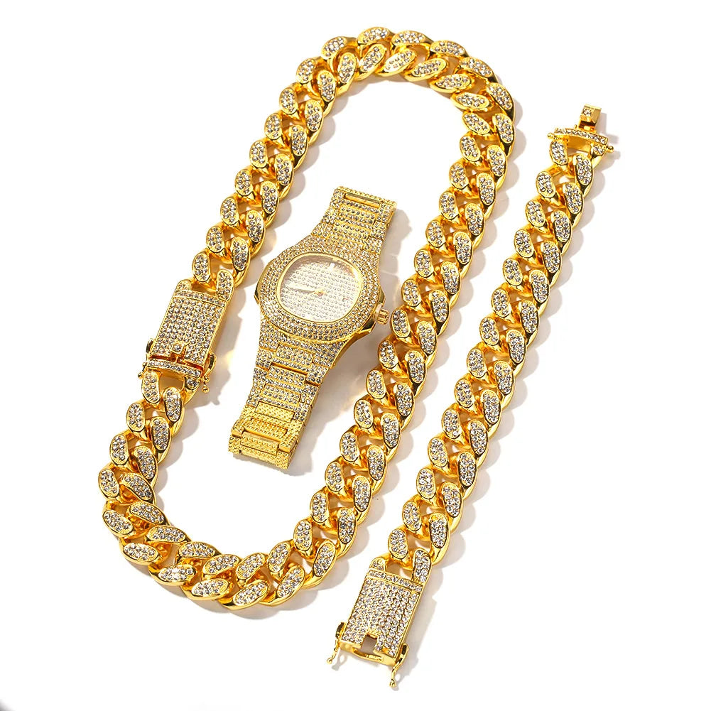 New Arrival Iced Out 20mm Gold-Plated CZ Necklace Bracelet Watch Set Men's Hip-Hop Jewelry Set