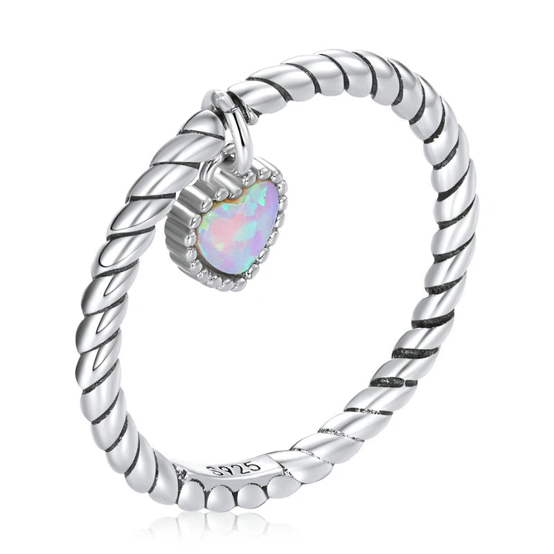 925 Sterling Sliver Simple Opal Heart Love Heart Beads Rings for Women Female Original Fashion Jewelry SCR807