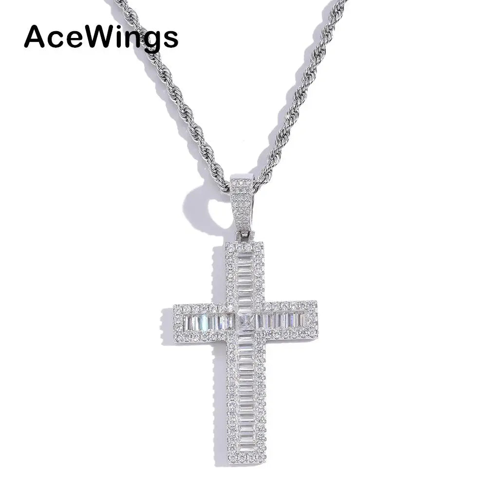 SP007 925 Sterling Silver Cross Pendant With Stainless Steel Rope Chain for Men and Women