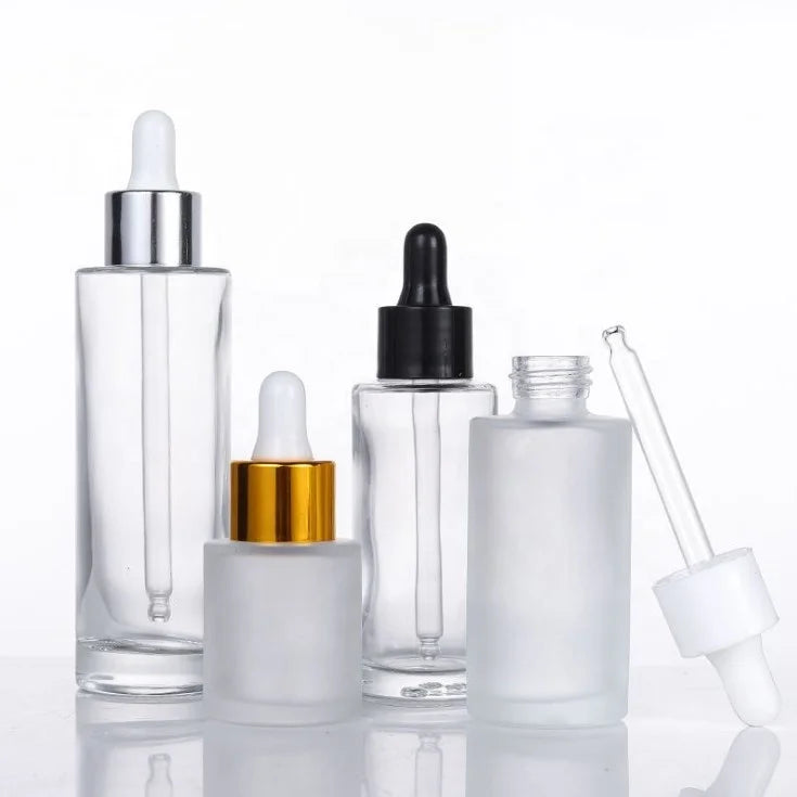 80ml Round Cylinder Empty Dropper Glass Bottle Flat Shoulder 2.6oz Essential Oil Bottles with Pipette Screen Printed Custom Logo