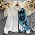 M-2XL Printed Patchwork Temperament Long Sleeved Shirt Top Autumn Women's Loose and Unique Shirt