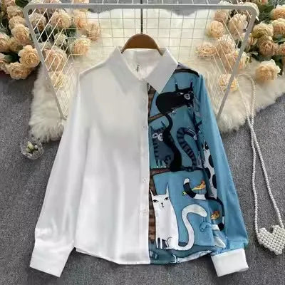 M-2XL Printed Patchwork Temperament Long Sleeved Shirt Top Autumn Women's Loose and Unique Shirt