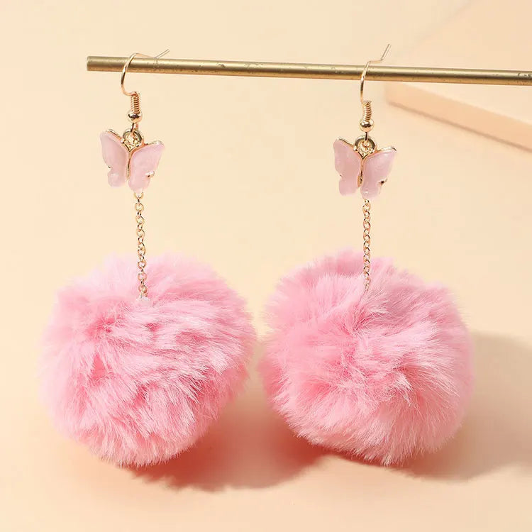 SC Hot Selling Faux Fur Ball Fluffy Earrings Women Christmas Gift Winter Warm Long Pink Butterfly Pom Pom Earrings for Girls