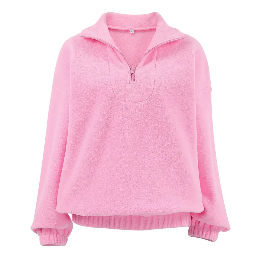 Pink Zipper Pullover Tops Women's Streetwear Long Sleeves Sweatshirts Autumn Winter Fashion Ladies