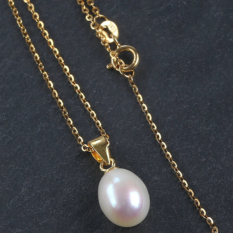 Wholesale 8-9mm White Rice Shape 925 Silver Freshwater Pearl Necklace Women Pendant Necklace Jewelry