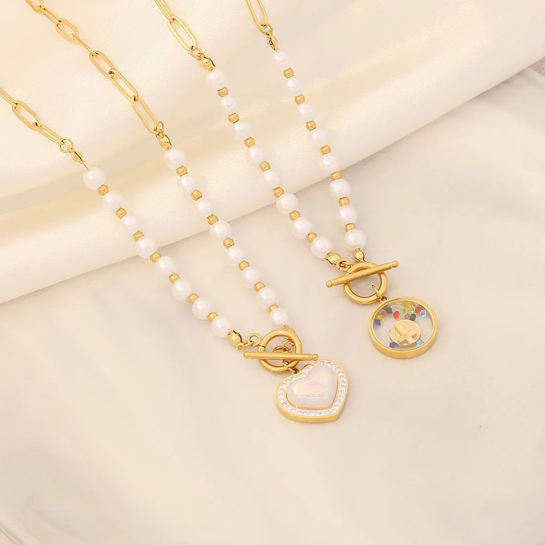 BINSHUO Imitation Pearl Heart Cross Pendant Necklace Factory Supplier Popular OT Buckle Pearl Beads Heart Cross Charm Necklace