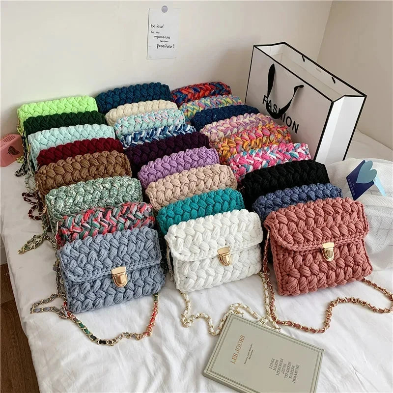 Fashion Woven Women Crossbody Bags Knitted Shoulder Bag Colorful Yarn Crochet Bags Handmade Handbags