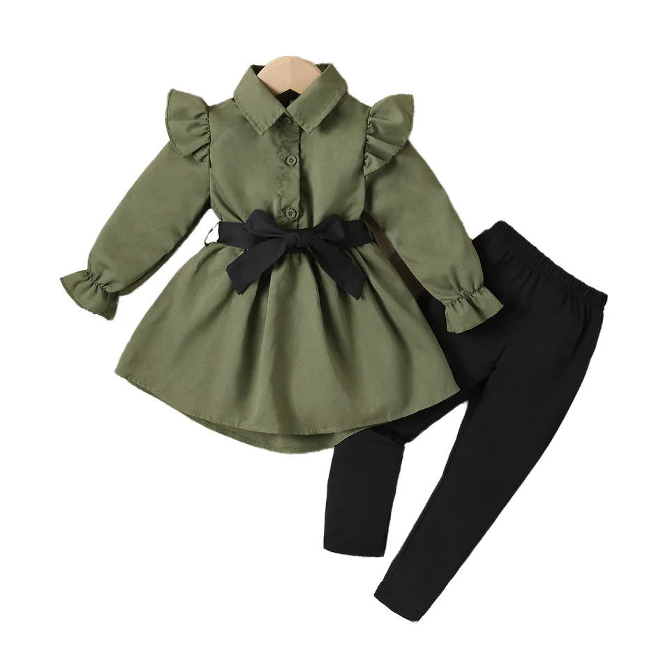2025 Autumn Elegant Girl Clothing Set Love Polka Dot Long Shirt + Black Leggings + Belt Wholesale