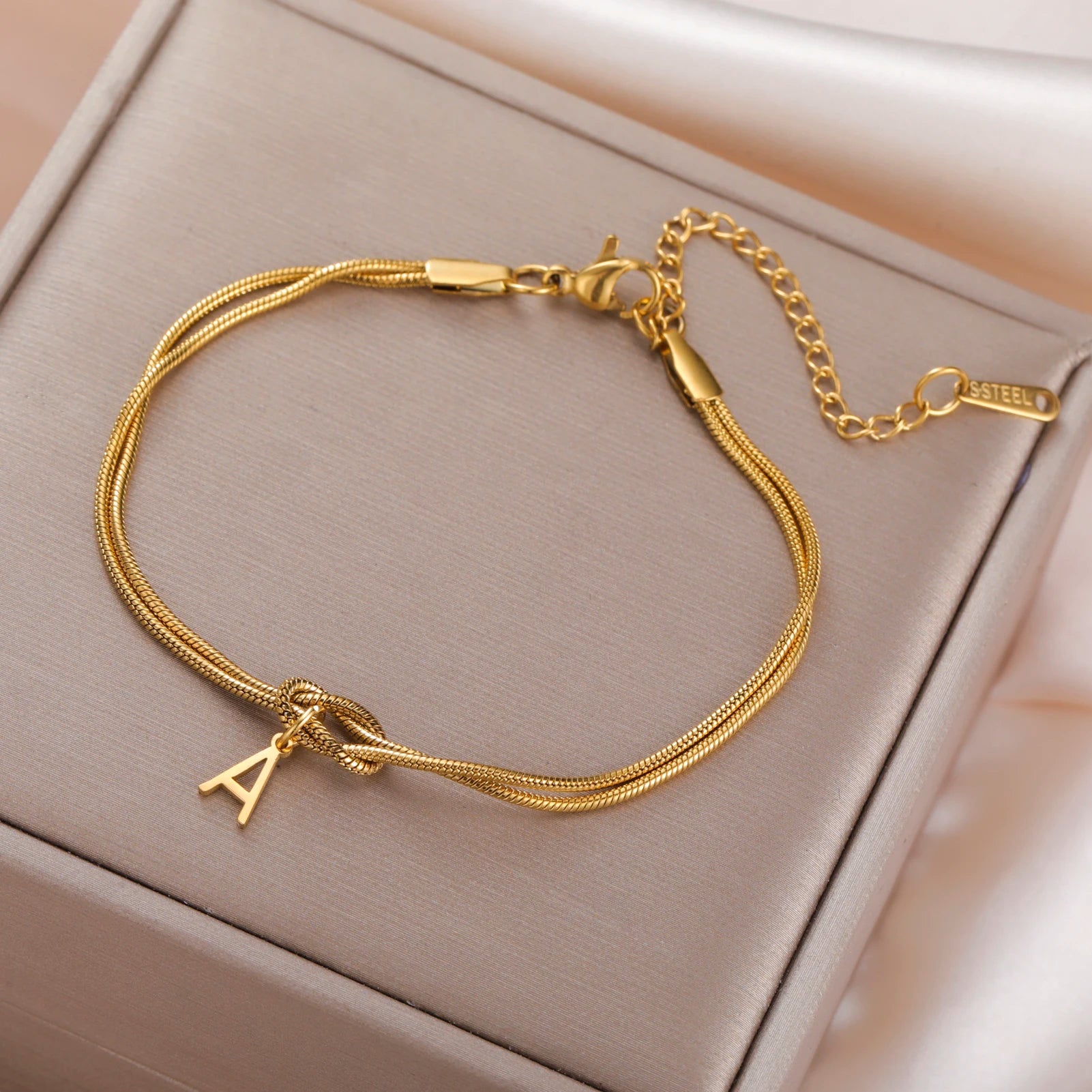 Initial Letter Love Knot Bracelets Women Men Couple Stainless Steel Gold Color Snake Chain Bracelets A-Z Alphabet Jewelry