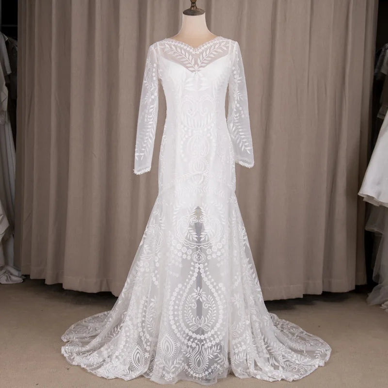 2022 Customize Long Sleeve Beach Mermaid Wedding Dress Illusion Boho Bohemian Elopement Mermaid Bridal Gown