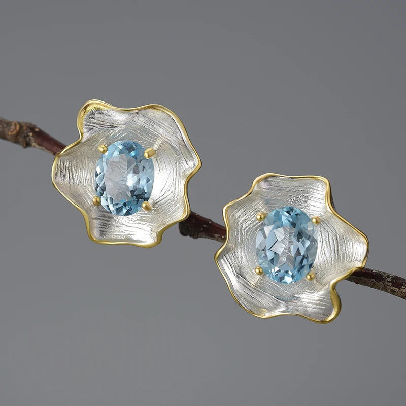 Fine Jewelry Gold Plated 925 Sterling Silver Earrings  Natural Gemstones Colored Topaz Leaf Roll Shape Handmade Design for Women