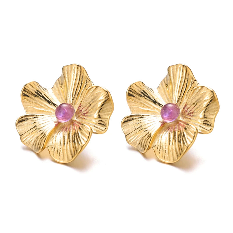 2023 Ladies Gold Plated Natural Stone Jewelry Five Petal Flower Earring for Women